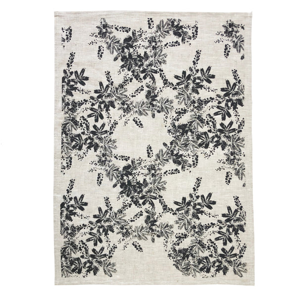 Linen tea towel in black wattle print
