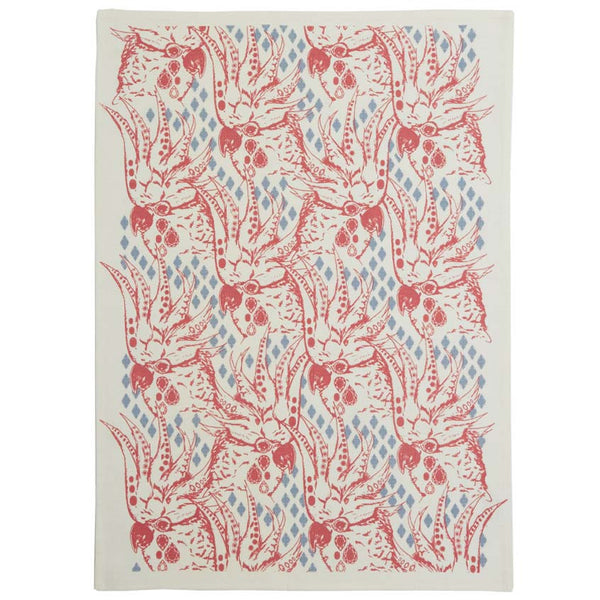 White linen tea towel with pink and blue cockatoo pattern