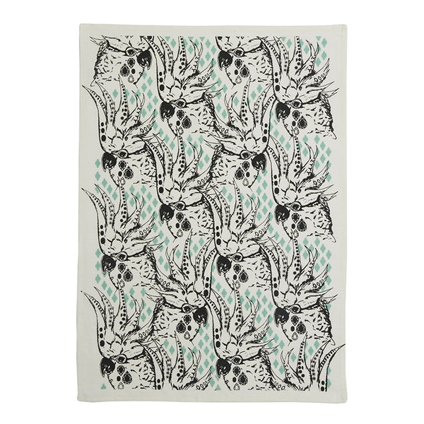 White linen tea towel with black green cockatoo pattern