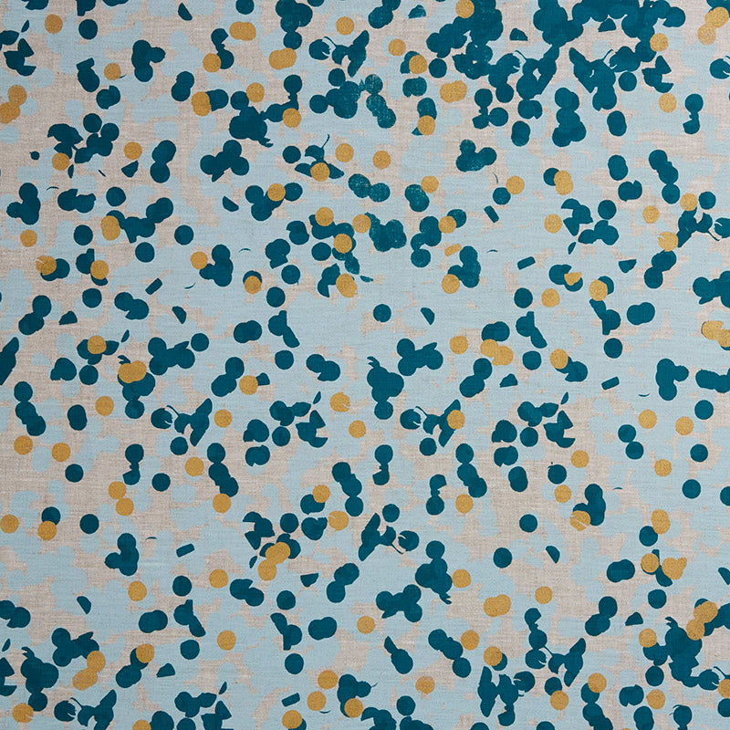 Confetti table cloth linen with blue, teal, spearmint, gold confetti circle pattern printed