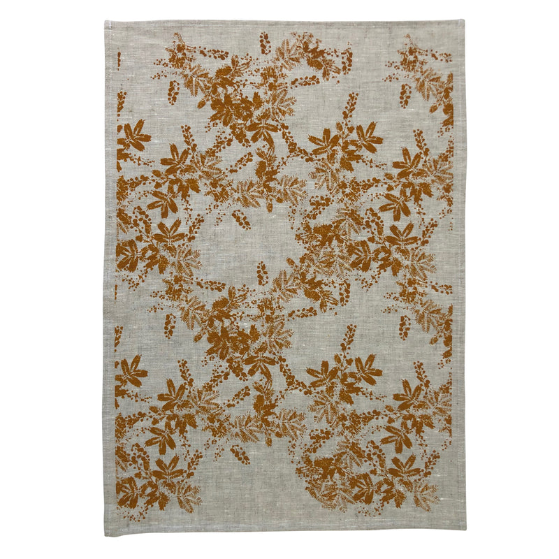 Linen tea towel caramel brown wattle print