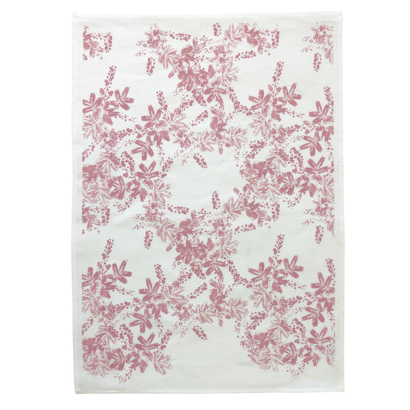 Linen tea towel with pink wattle print