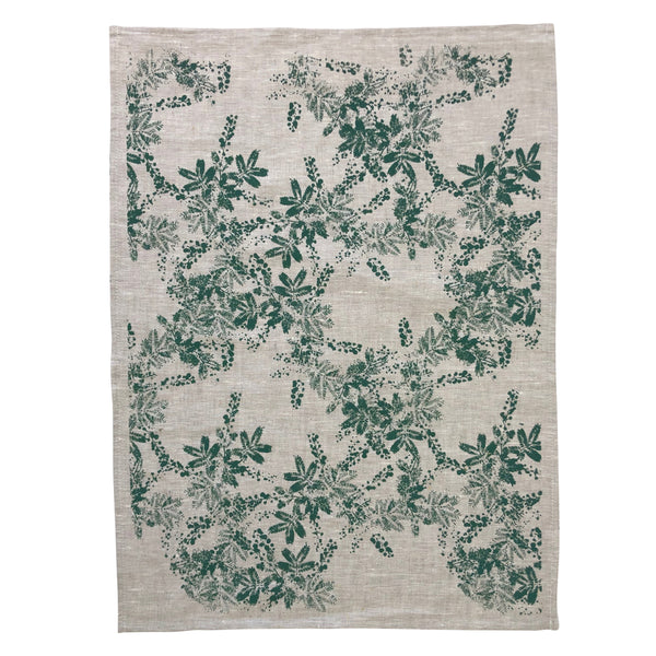 Linen tea towel with green wattle pattern