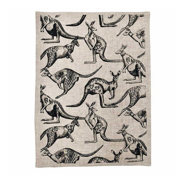 Linen tea towel with black kangaroo print