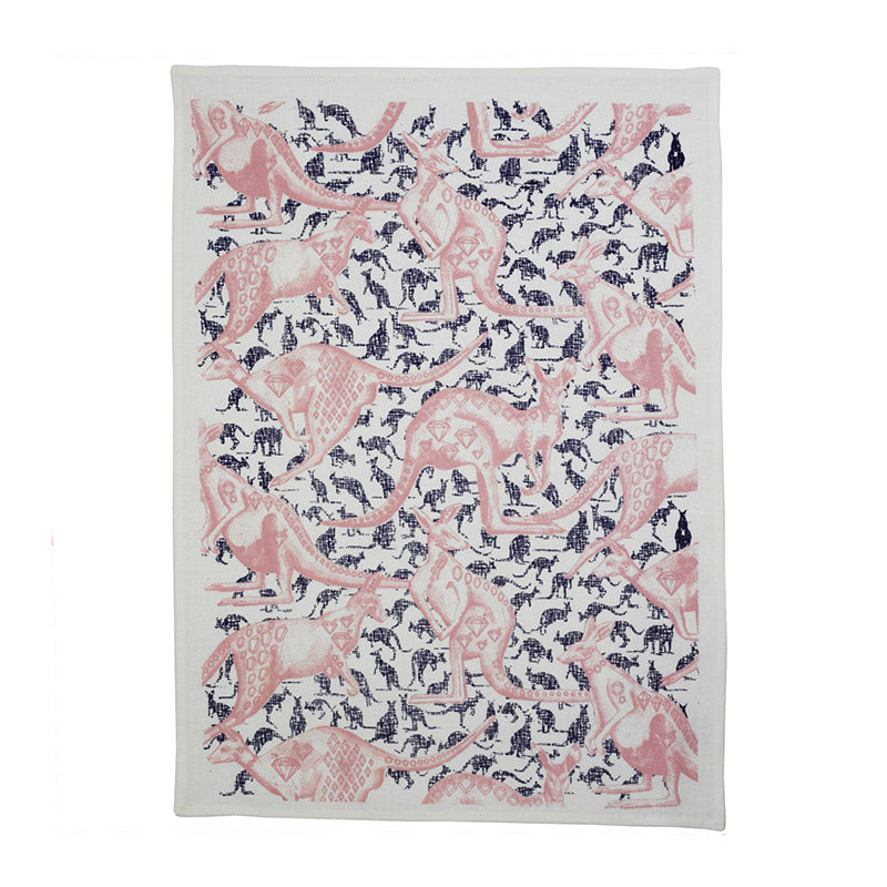 Linen tea towel with pink, blue kangaroo print