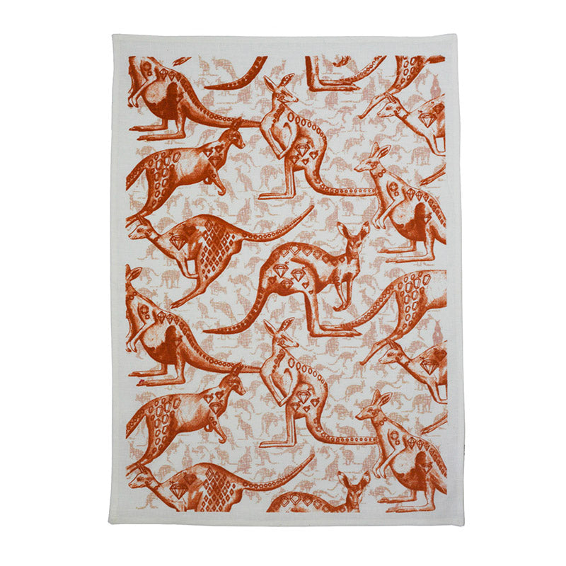 Linen tea towel with orange, pink, terracotta red kangaroo print