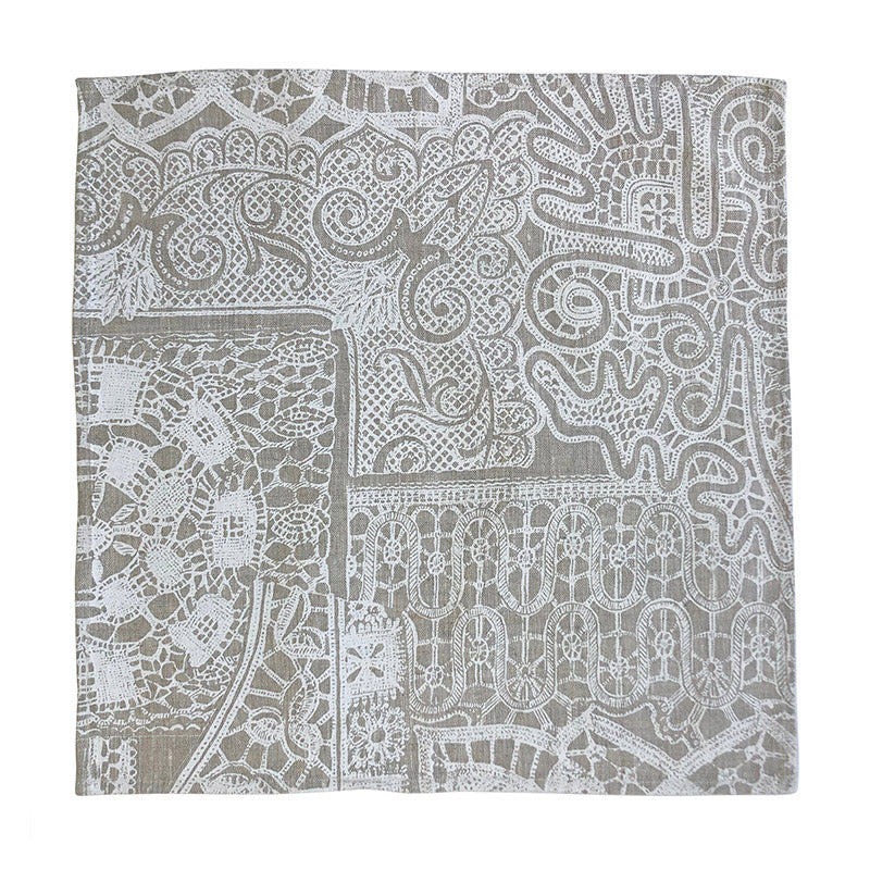 White, silver lace printed linen napkin set