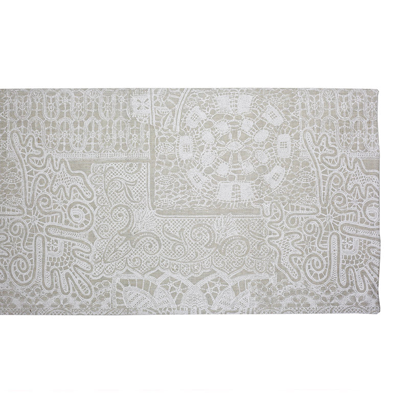White, silver lace printed linen table runner