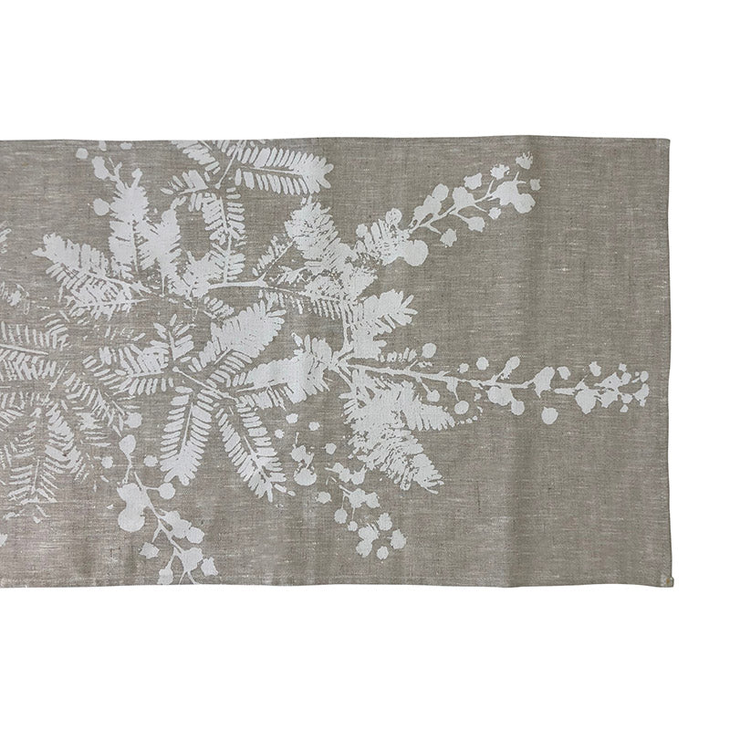 Linen table runner with white wattle print