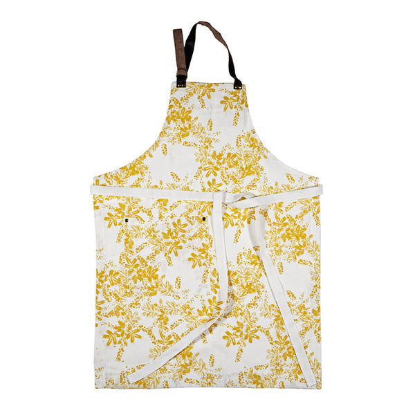 White linen apron, with yellow wattle pattern