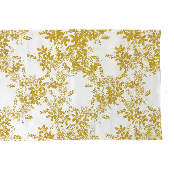 Linen table runner with yellow wattle print
