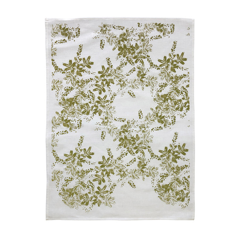 Linen tea towel with green wattle print