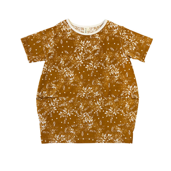 Kids printed pocket dress with caramel brown wattle pattern
