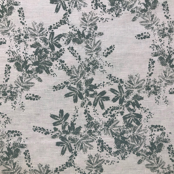Linen table cloth with eucalyptus green wattle print
