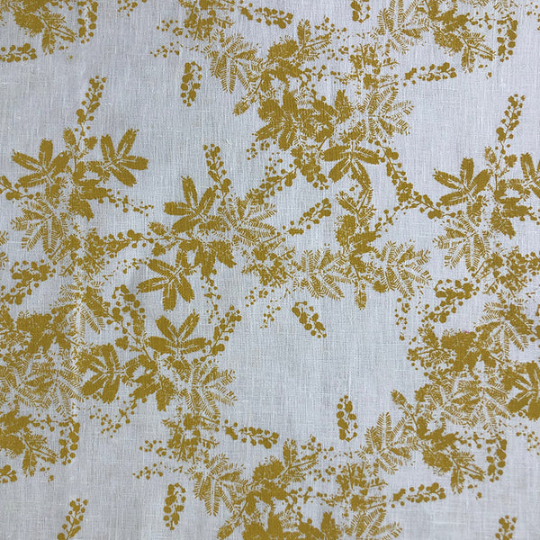 Linen table cloth with yellow wattle print