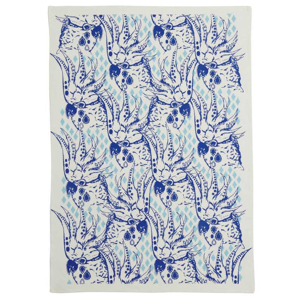 White linen tea towel with blue green cockatoo pattern